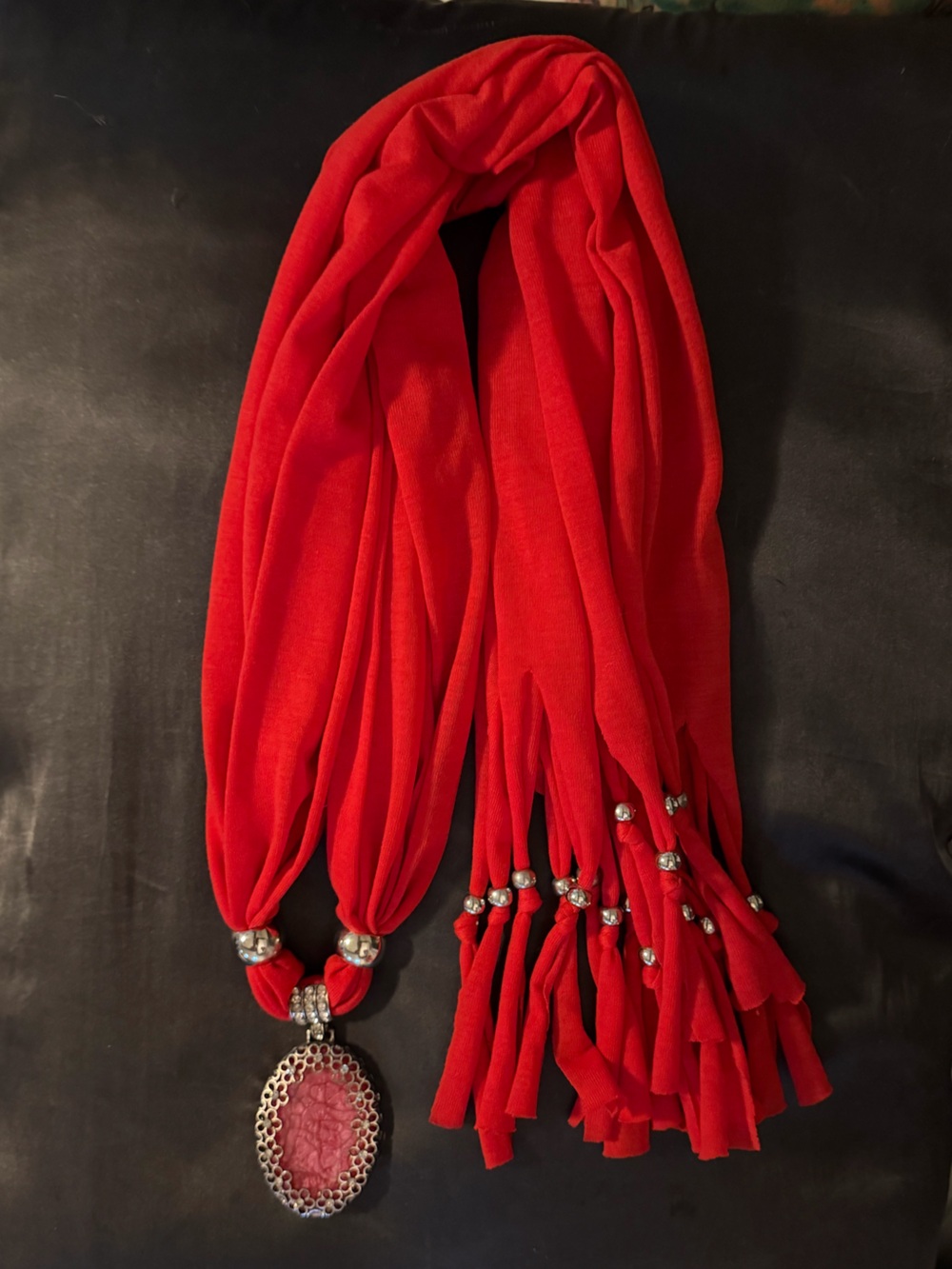 Hand Crafted Red Boho Scarf/Belt/Wrap w/Silver Beads Fringe Stone Like Pendant